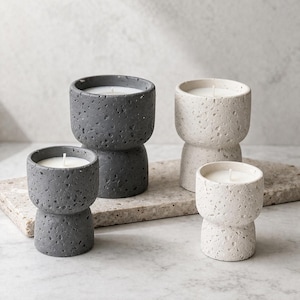 Minimalist Concrete Candle Holder Textured Cement Vessel Handmade Style Decor Neutral Gray White Refillable pillar Candle rough stone Modern