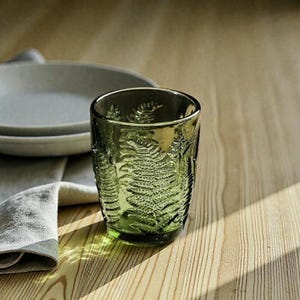 Vintage Grün Geprägtes Glas Whiskygläser Tumbler Schwerer Trinkbecher Strukturglas Farn Cocktail Party Housewarming Küche Decor Geschenk