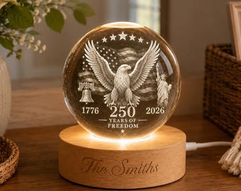 Gepersonaliseerde VS 250-jarig jubileum kristallen bol nachtlampje, aangepaste familienaamlamp, cadeau patriottische adelaar, decor 1776-2026