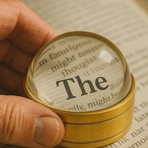 May include: A gold-coloured magnifying glass with a clear, domed lens is held over an open book. The word "The" is magnified. The magnifying glass has a circular base and a brassy finish, enhancing the text's visibility.