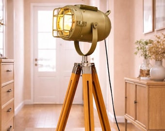 Handcrafted Wooden Tripod Spotlight Lamp Table Lamp – Industrial Nautical Searchlight for Home & Office Decor