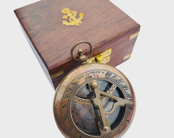 Vintage Brass Sundial Compass with Box – Nautical Decor, Steampunk Gift, Maritime Navigation Tool