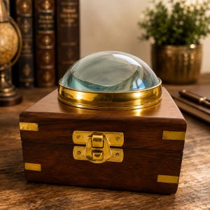 May include: A dark brown wooden box featuring a polished brass latch and corner accents. A circular glass dome magnifier with a brass rim is mounted on the top surface of the box, creating a clear, rounded focal point above the wooden lid.