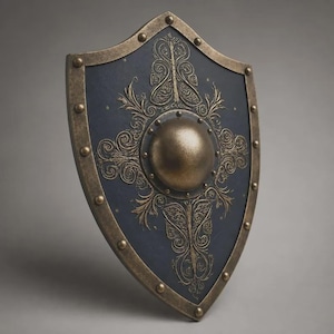 May include: A heater-style shield featuring a dark blue surface with gold-toned filigree patterns and a central circular boss. The shield is framed by a metallic gold border accented with evenly spaced rivets along the entire outer edge.