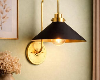 Handcrafted Brass Wall Sconce, Black Cone Shade, Mid Century Industrial Lamp
