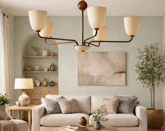 Italian Mid-Century Modern Brass Chandelier | 4-Arm Linear Ceiling Light