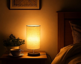Modern Mini Cylindrical Table Lamp | Fabric Shade Nightstand Light | Wooden Base Bedside Lamp