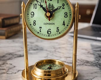 Brass Desk Clock with Compass Base | Vintage Nautical Timepiece | London Dial Decor