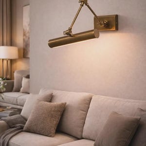 May include: A wall-mounted picture light with a metallic brass finish, featuring an adjustable swing arm and a cylindrical lamp head that emits a warm downward glow. The fixture is attached to a rectangular base plate mounted on the wall.