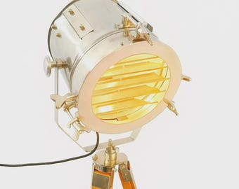 Chrome Tripod Spotlight | Vintage Studio Floor Lamp | Wooden Adjustable Tripod Light