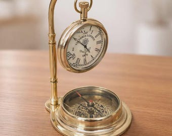 Handcrafted Brass Clock & Compass Elegant Nautical Desk Decor for Home Office