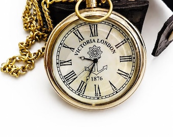 Victorian Pocket Watch Necklace, Brass Pocket Watch Pendant, Vintage Style Timepiece, Steampunk Jewelry, Nautical Anchor Watch