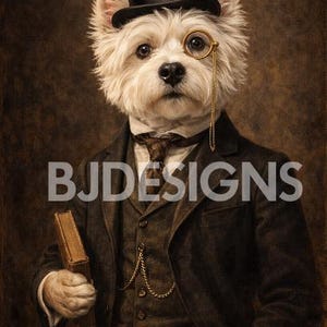 Op de afbeelding: Een portret van een witte hond met een zwarte hoge hoed, pak en monocle, die een boek vasthoudt. De hond staat centraal tegen een bruine achtergrond. De tekst "BJDESIGNS" is zichtbaar.