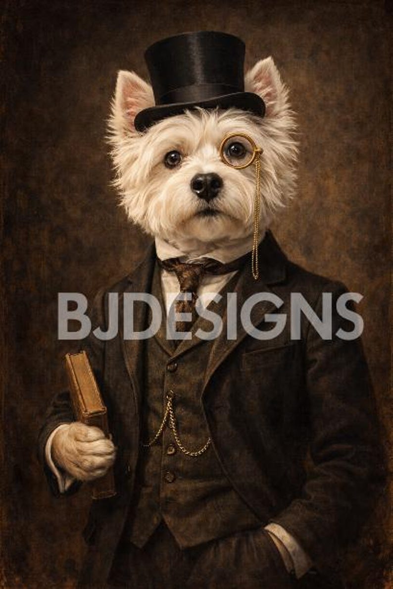 Op de afbeelding: Een portret van een witte hond met een zwarte hoge hoed, pak en monocle, die een boek vasthoudt. De hond staat centraal tegen een bruine achtergrond. De tekst "BJDESIGNS" is zichtbaar.