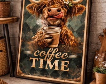 Lámina decorativa imprimible con diseño de vaca de las Tierras Altas y café, divertida descarga digital para cocina de granja.