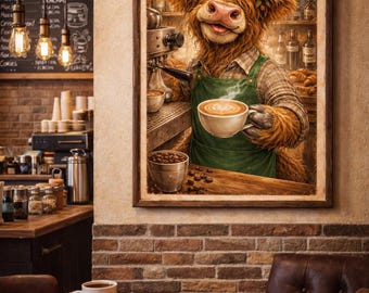 Afdrukbare muurkunst Highland Cow Barista Coffee – Rustiek decor van de boerderijkeuken (digitale download)