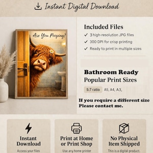 Puede incluir: Una descarga digital que muestra una vaca Highland asom&aacute;ndose por una puerta de madera con el texto Are You Pooping. El gr&aacute;fico incluye detalles sobre tres archivos JPG de alta resoluci&oacute;n, 300 DPI y tama&ntilde;os de impresi&oacute;n 5:7, A5, A4 y A3.