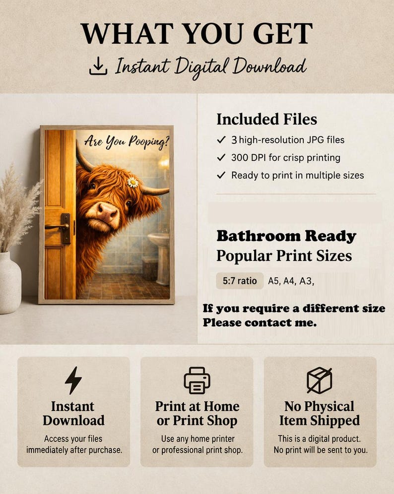 Puede incluir: Una descarga digital que muestra una vaca Highland asom&aacute;ndose por una puerta de madera con el texto Are You Pooping. El gr&aacute;fico incluye detalles sobre tres archivos JPG de alta resoluci&oacute;n, 300 DPI y tama&ntilde;os de impresi&oacute;n 5:7, A5, A4 y A3.