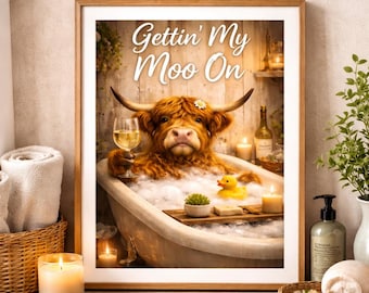 Divertido póster de vaca de las Tierras Altas para el baño, "Vaca haciendo muuu", cartel divertido para el baño, descarga digital.