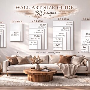 Op de afbeelding: Wandkunst maatgids met canvas afmetingen zoals 45x60 cm, 38x50 cm en 30x40 cm. De gids toont ook een bank van 228 cm breed. De tekst "Wall Art Size Guide" is zichtbaar.