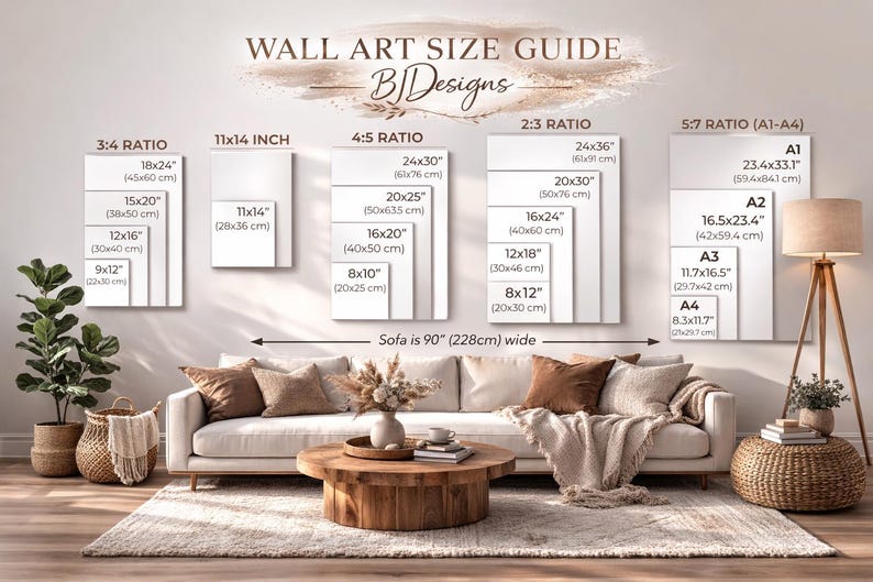 Op de afbeelding: Wandkunst maatgids met canvas afmetingen zoals 45x60 cm, 38x50 cm en 30x40 cm. De gids toont ook een bank van 228 cm breed. De tekst "Wall Art Size Guide" is zichtbaar.