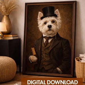 Victoriaanse Westie, afdrukbare muurkunst – vintage herenhondportret – digitale download afbeelding 1