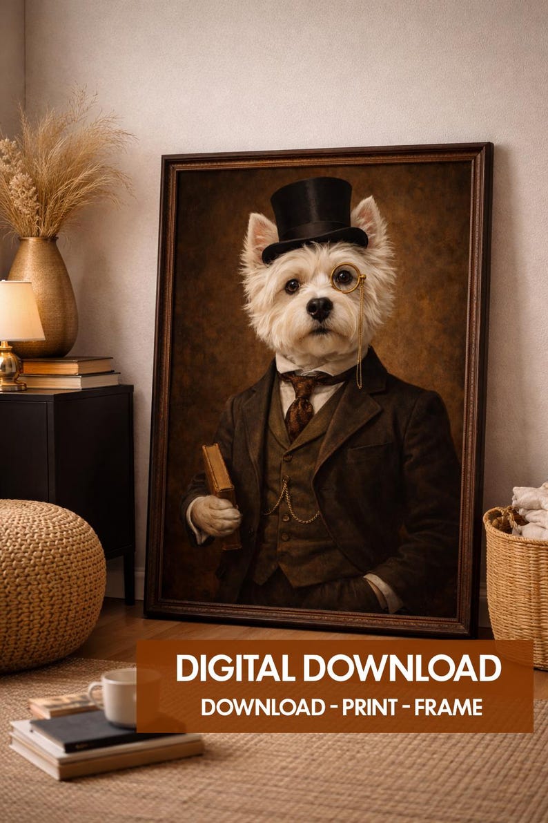 Victoriaanse Westie, afdrukbare muurkunst – vintage herenhondportret – digitale download afbeelding 1