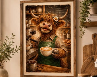 Lámina decorativa imprimible para cafetería con diseño de vaca de las Tierras Altas, descarga digital para cocina de café rústico.