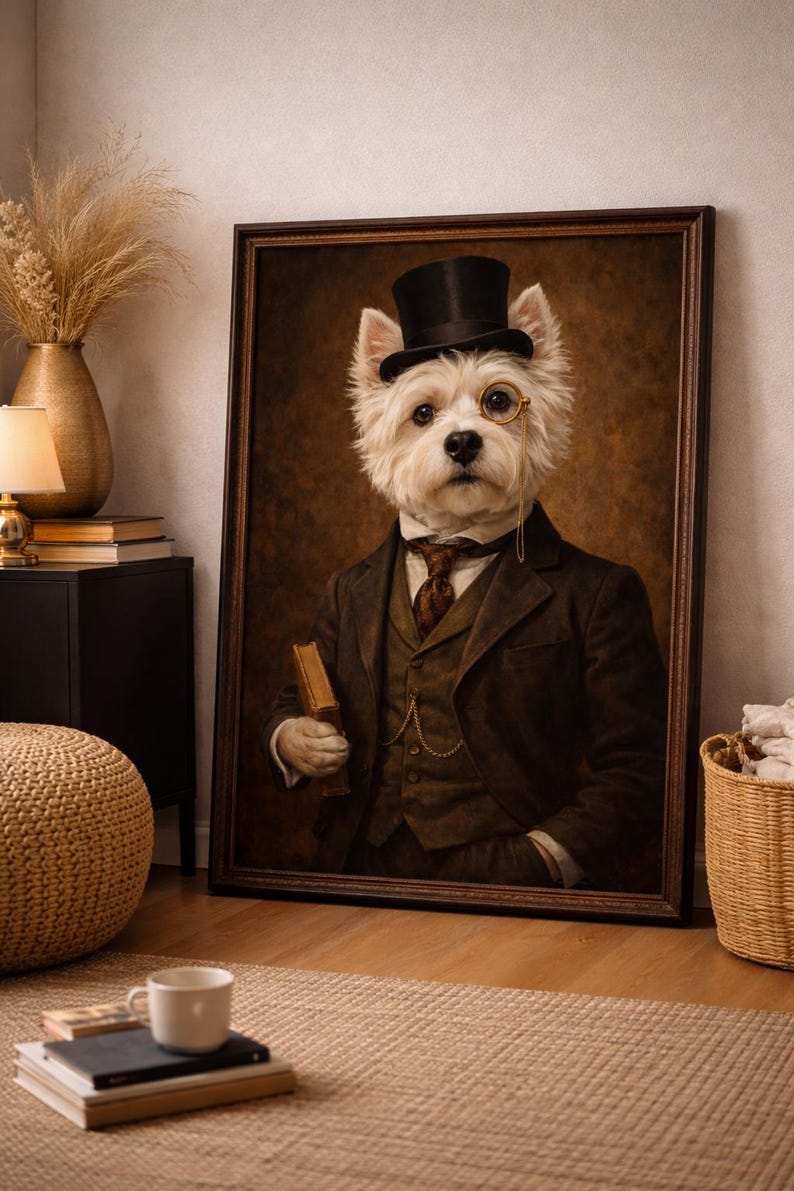Victoriaanse Westie, afdrukbare muurkunst – vintage herenhondportret – digitale download afbeelding 4