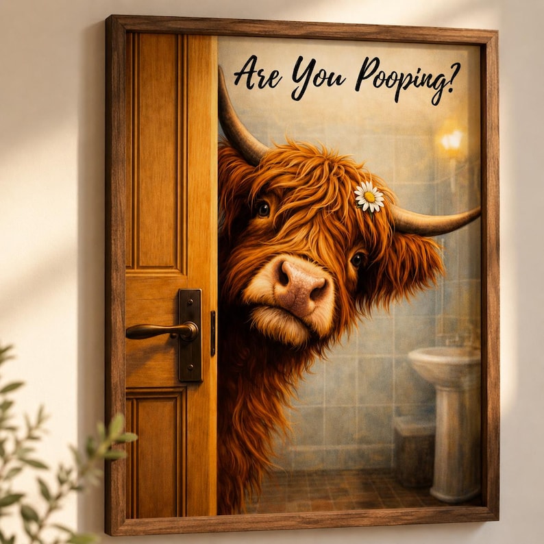 Puede incluir: Un cuadro enmarcado que muestra a una vaca Highland de pelaje rojizo y alborotado asom&aacute;ndose por una puerta de madera hacia un ba&ntilde;o alicatado. La vaca tiene una peque&ntilde;a margarita blanca tras el cuerno. El texto Are You Pooping? aparece en negro.