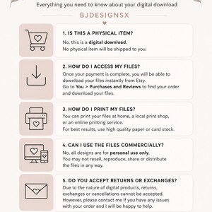 Puede incluir: Una hoja de informaci&oacute;n de preguntas frecuentes digital con fondo beige claro y texto oscuro. Incluye cinco secciones numeradas con iconos de carrito, flecha de descarga, impresora, ordenador y sobre, explicando las pol&iacute;ticas de BJDESIGNSX.