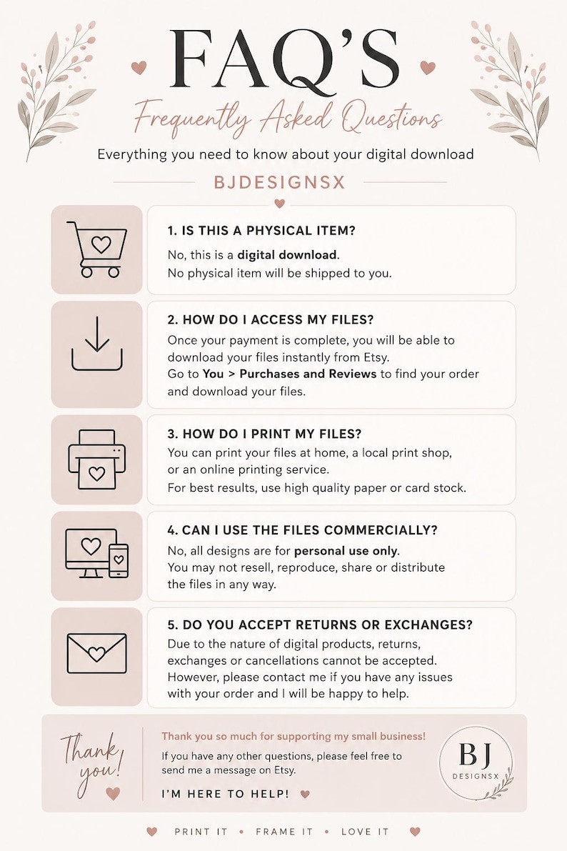 Puede incluir: Una hoja de informaci&oacute;n de preguntas frecuentes digital con fondo beige claro y texto oscuro. Incluye cinco secciones numeradas con iconos de carrito, flecha de descarga, impresora, ordenador y sobre, explicando las pol&iacute;ticas de BJDESIGNSX.