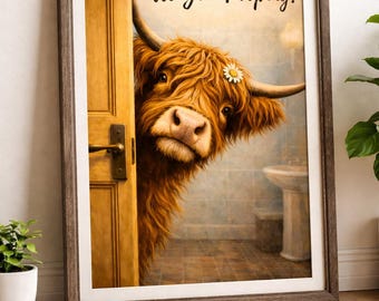 Grappige hooglandkoe badkamer afdrukbare muurkunst, brutale toilet humor poster (digitale download)