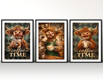 Láminas decorativas para pared de cocina, juego de 3 láminas de vacas de las Tierras Altas, lámina para amantes del café, decoración de pared estilo granja, descarga digital.