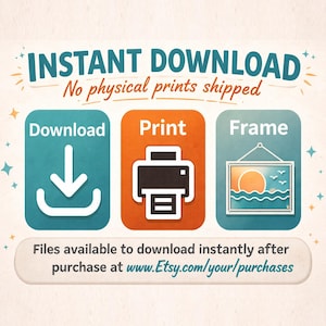 Puede incluir: Un gr&aacute;fico instructivo con el texto INSTANT DOWNLOAD No physical prints shipped. Tres iconos muestran una flecha de descarga, una impresora y un paisaje de atardecer enmarcado. El texto inferior dice Files available to download instantly after purchase at www.Etsy.com/your/purchases.