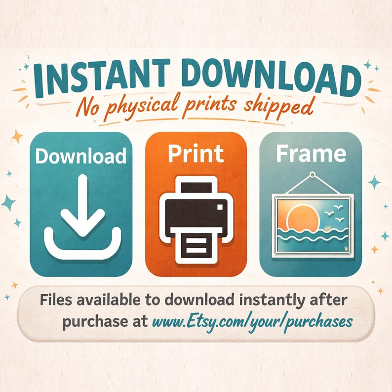 Puede incluir: Un gr&aacute;fico instructivo con el texto INSTANT DOWNLOAD No physical prints shipped. Tres iconos muestran una flecha de descarga, una impresora y un paisaje de atardecer enmarcado. El texto inferior dice Files available to download instantly after purchase at www.Etsy.com/your/purchases.
