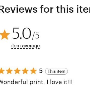 Puede incluir: Un resumen de rese&ntilde;as digital que muestra el texto Reviews for this item, una calificaci&oacute;n promedio de 5.0/5 con una estrella naranja, y una calificaci&oacute;n de cinco estrellas seguida del texto This item y la rese&ntilde;a Wonderful print. I love it!!!