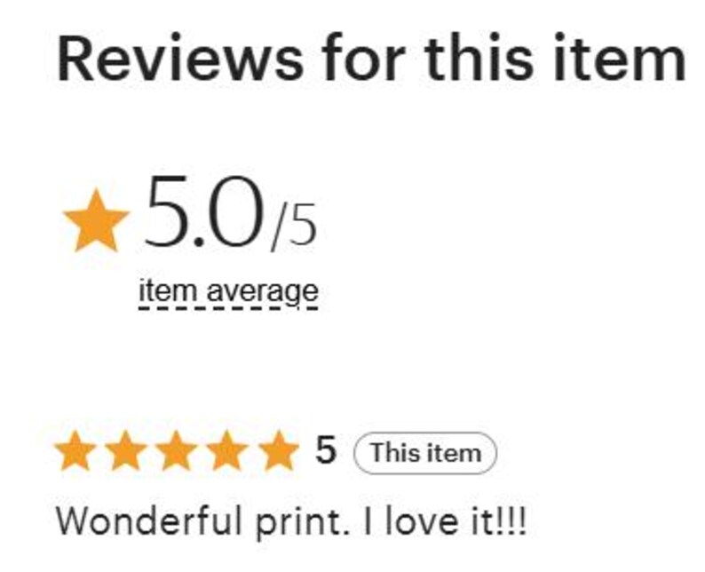 Puede incluir: Un resumen de rese&ntilde;as digital que muestra el texto Reviews for this item, una calificaci&oacute;n promedio de 5.0/5 con una estrella naranja, y una calificaci&oacute;n de cinco estrellas seguida del texto This item y la rese&ntilde;a Wonderful print. I love it!!!