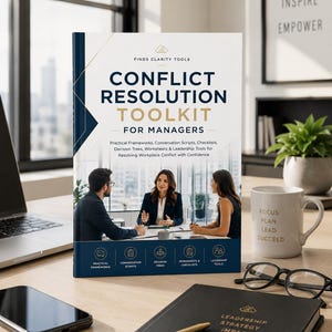 Può includere: Un libro intitolato Conflict Resolution Toolkit for Managers con una copertina bianca che mostra una fotografia di tre persone in una riunione. Il testo include Practical Frameworks, Conversation Scripts, Checklists, Decision Trees, Worksheets e Leadership Tools.