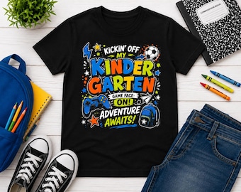 Gamer-shirt kleuterschool, voetbal terug naar school-shirt, eerste dag kleuter T-shirt, gameface op kindershirt, level-up schoolshirt