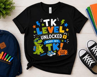 Shirt ontgrendeld TK-niveau, overgangsshirt kleuterschool, eerste dag TK-shirt, terug naar school-shirt, TK Boy dinosaurus-T-shirt
