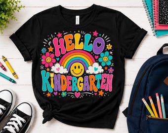 Hallo kleutershirt, T-shirt First Day Of School, Back To School-kindershirt, regenboogshirt kleuterschool, schooloutfit meisjes