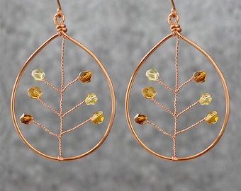 Leaf earrings, Teardrop earrings, Dangle earrings, Copper, Large hoop earrings, Handmade jewelry,  Gift for her, Free US Shipping