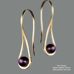 Teardrop earrings, simple unique handmade, 4 options of sterling silver, 14k gold and rose gold filled, copper, 22 stones including amethyst image 1