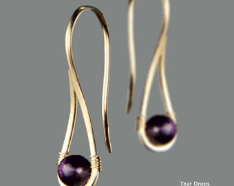 Teardrop earrings, simple unique handmade, 4 options of sterling silver, 14k gold and rose gold filled, copper, 22 stones including amethyst