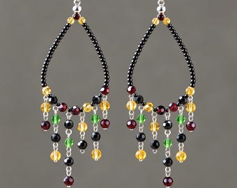 Jewel Tone teardrop chandelier Earrings, earthy color pallet of garnet red amber yellow and emerald green, Colorful Beaded Dangle Jewelry