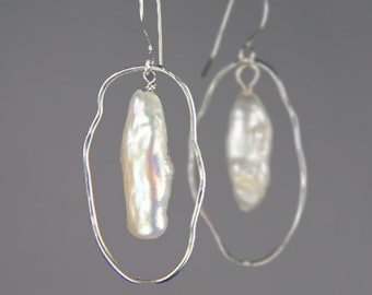Pearl organic hoop dangle earrings, handmade unique, free US shipping