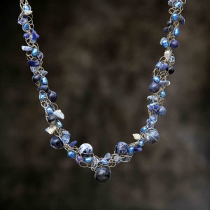 Sodalite blue pearl Chunky crocheted wiring choker necklace Bridesmaids gifts Free US Shipping handmade Anni Designs