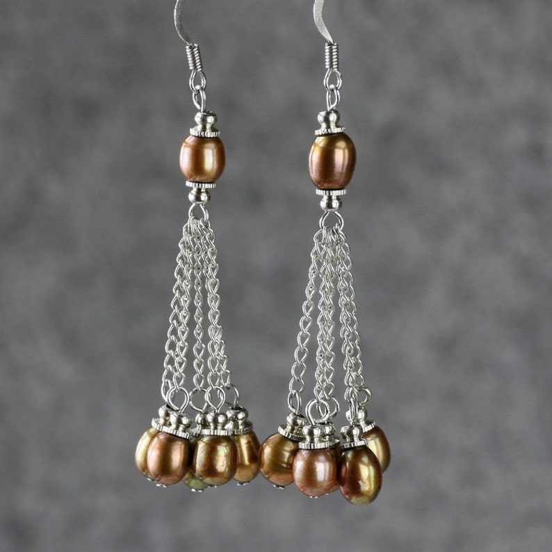 gift for her Brown pearl dangle earrings wedding gift handmade jewelry bridesmaid gift free US shipping birthday gift