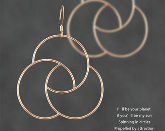 Rotational triple hoop earrings, 14k rose gold filled, handmade jewelry, anniversary gift, bridesmaid gift, birthday gift, free US shipping